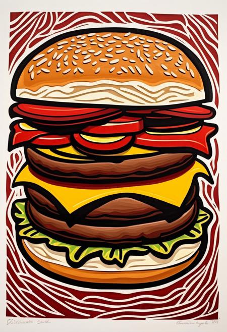 Picasso style Linocut of a cheeseburger, in red brown and yellow,
