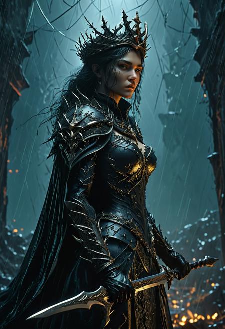 A captivating 3D rendering portrays a dark fantasy character, prepared for combat and likely serving as a formidable female assassin. Clad in a bold, menacing ensemble, she dons a crown of thorns and a billowing, dark cloak. Wielding an intricate, large sword, she stands before a foreboding, stormy background. The composition exudes a heightened, cinematic mood with intense lighting and an undercurrent of imminent action, making it an ideal design for a conceptual art poster.