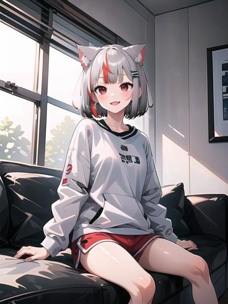 (1girl, solo, masterpiece, best quality, extremely detail), <lora:korean_streamer_v3.1-000014:0.8>, light smile, dolphin_shorts, hair, indoors, sitting, on couch, (mashiro, cat ears, red eyes, grey hair, multicolored hair, streaked hair, red hair, short hair, fangs)