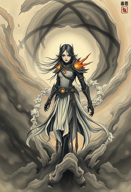A mystical warrior emerging from a swirling cosmic void, their armor a fusion of ancient textures and glowing futuristic energy,
minimalist surrealism, delicate black ink linework, soft painterly dreamscape, emotional storytelling, abstract feminine figures, flowing organic shapes, poetic yet eerie atmosphere, dreamlike psychological depth, reality blending into the subconscious, surrealist introspection
