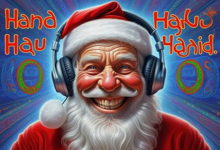Santa Claus with a crazy ugliness smile.  headphones on head
. the inscription on the screen “НАДЕНЬ НАУШНИКИ” the text of the inscription seems to flow. ugliness. in the style of Alex Grey's visionary art.
