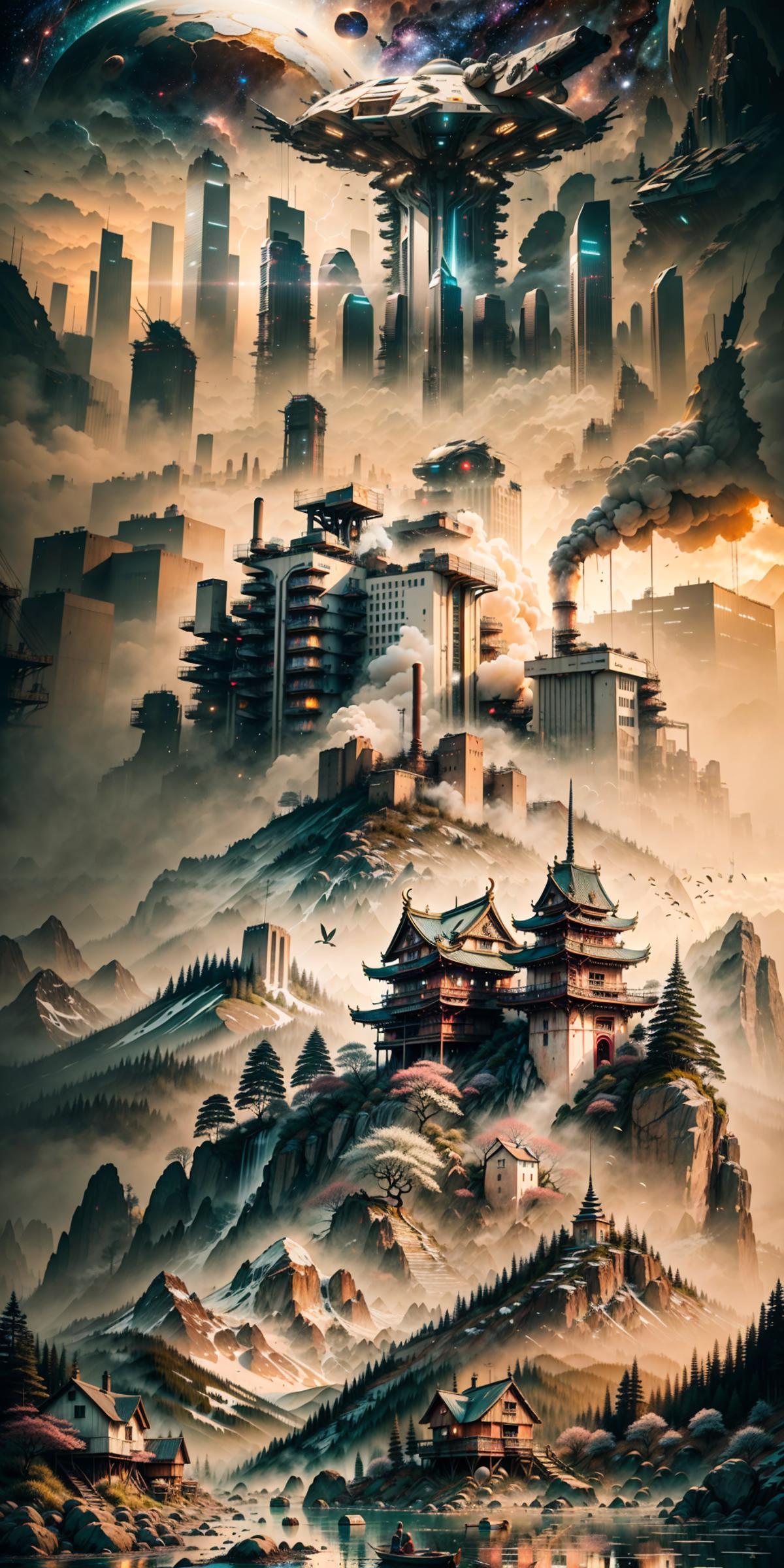 A beautiful painting of a cityscape with a large building, a castle, and a pagoda.