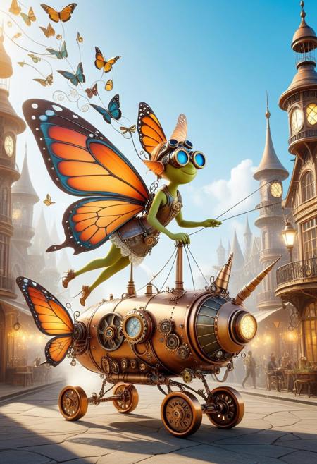 butterflyStyle — A steampunk-inspired mechanical butterfly with gears and cogs for wings, flapping loudly while spraying tiny bursts of steam. A quirky goblin inventor wearing goggles frantically tries to fix a clockwork dragonfly that’s tangled in copper wires shaped like butterfly antennae. Nearby, a brass unicorn with butterfly wing sails floats gently on a steam-powered airship, as tiny fairies dance around flickering lanterns glowing with butterfly-shaped flames. The whole scene is vibrant, whimsical, and hilariously over-engineered, set in a bustling, smoky Victorian cityscape.