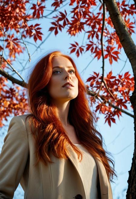 perspective Low-angle shot from very below of an elegant woman, cute, long red hair,22 y.o, standing under a tree in autumn, with red leaves gently falling around her.  the camera points directly upward at a 90° angle, capturing the blue sky through the branches. Soft natural lighting, realistic details, slightly blurred background (bokeh), 8k uhd, high detailled body, high detailled eyes, masterpiece, realistic, realism, hyper-real, hyper-realism, soft light, kodak film, cinematic, futuristic in 100 years.