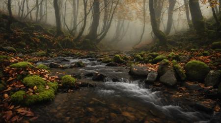 CINEMATIC SHOT,professional photo by Caravaggio of  wild nature,Sachalin,autumn,small stream in a moss forest,autumn leaves,haze,rule of thirds,view from surface,(by Christopher Nolan:1.4),F11,(DOF, Cinematic Color grading, intricate, hyper realistic, detailed, flickr, cinematic lighting),<lora:Wild_nature_XL:1>,<lora:add-detail-xl:1>,