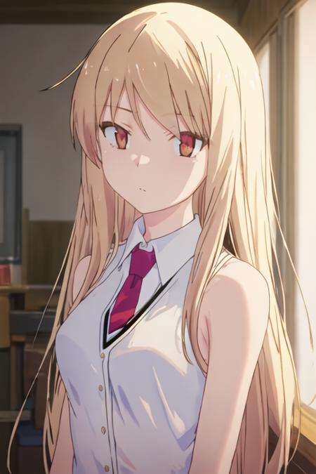 best quality, masterpiece, highres, solo, {shiina_mashiro_sakurasounopetnakanojo:1.15}, blonde_hair, long_hair, red_eyes, brown_eyes, 1girl, bare_shoulders, shirt, sleeveless, upper_body, bangs, closed_mouth, white_shirt, indoors, looking_at_viewer, sleeveless_shirt