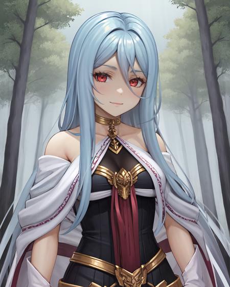 best quality, (masterpiece:1.2), illustration, absurdres, 
(1girl), (solo), (beautiful detailed girl), (upper body, portrait), from below,
<lora:Grandmaster-10:0.8>, Grandmaster, pale blue hair, long hair, very long hair, red eyes, medium breasts,
white shawl, white cloak, black dress, long sleeves, ruffles, jewelry, choker, pantyhose, red high heels, pelvic curtain,
gentle smile,  looking at viewer,
swamp, trees, plants, fog, mist,