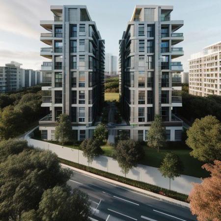 RAW photo of a complex of many residential 9-floor high buildings, surrounded by trees and roads, common garden, birds-eye view, 1man, flower, bush, render, matte colored facade, entire building, wide shot, architectural view, 8k uhd, dslr, soft lighting, high quality, film grain, Fujifilm XT3,  <lora:lan_architecture_visualization:0.82>