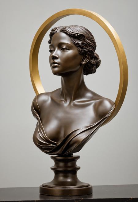 In a bright gallery,an elegant sculpture showcases the gentle beauty of women. This bust is cast from bronze,and the delicate craftsmanship makes every curve seem vivid and lifelike. The body lines of women are smooth and beautiful,giving people a deep and beautiful feeling. Her posture is elegant and her demeanor is serene,as if telling a story about life,beauty,and power. Light falls from above,casting a mysterious golden halo over this sculpture,making the entire scene more mysterious and extraordinary.,