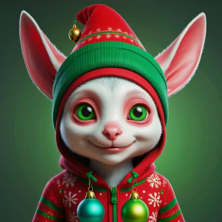 hyper detailed masterpiece, dynamic realistic digital art, awesome quality,  Small humanoid creature, Pointed ears,  Bright and festive attire, red, green, holiday colors,  pointed hat with a bell on the tip,   Merry cheerful expression, Rosy cheeks, lively eyes,