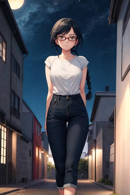 masterpiece, best quality, 1girl, solo, standing, looking at viewer, <lora:hazukishino-ch-richy-v1:1> hazukishino, casual, arms behind back, walking, street, night sky, evening, braid, long hair, glasses