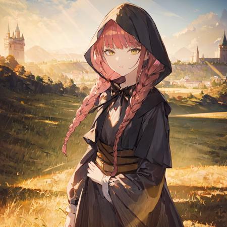 (masterpiece:1.2), best quality, <lora:Morgana:0.8>, main dress, hood up,beautiful sunlight, medieval castle, close,  outside, close, best quality, ultra detailed, absurdres,8K, (best illustration), (best shadow),