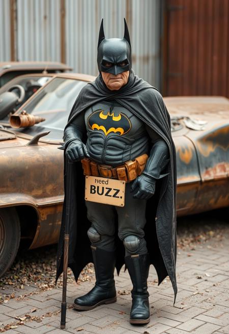 Closeup of old 77 year old Batman in worn out batman bodysuit and ripped worn cape standing using cane in front of his rusted and worn Batmobile holding sign "need BUZZ"