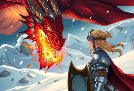 Ultra high quality, very detailed, anime illustration of a girl viking warrior, wearing a shiny silver armor, faced against a red fire-breathing dragon, in ice mountains setting, intense atmosphere