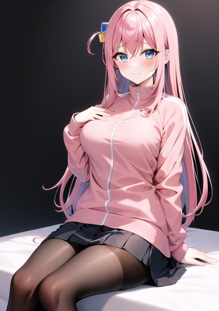 <lora:gotou:0.8>, gotou_hitori, 1girl, solo, long hair, breasts, looking at viewer, blush, bangs, blue eyes, skirt, large breasts, simple background, hair ornament, long sleeves, hair between eyes, sitting, closed mouth, jacket, pink hair, pantyhose, pleated skirt, black skirt, black pantyhose, one side up, hand on own chest, black background, grey skirt, track jacket, pink jacket, cube hair ornament