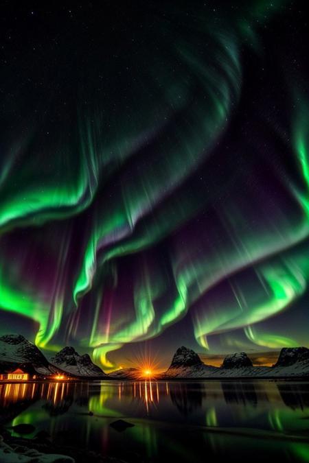 Stunning Aurora Borealis over Lofoten Islands Coastline