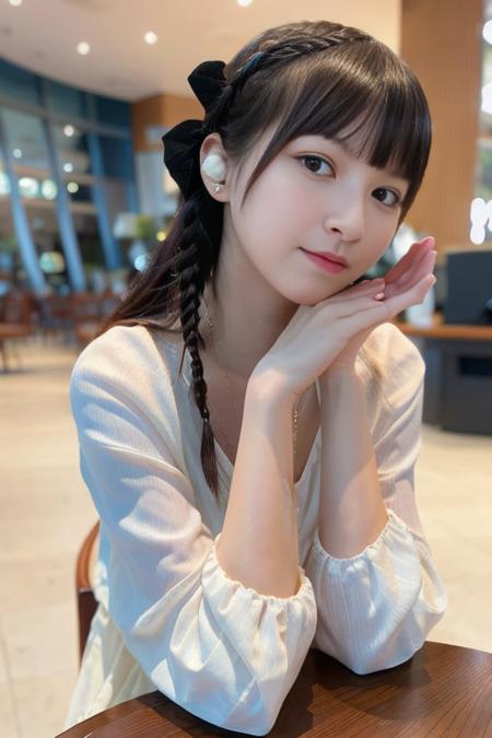 1girl, 3d, bangs, bar, blunt bangs, blurry, blurry background, blurry foreground, bokeh, bow, braid, bug, butterfly, depth of field, earrings, elbows on table, hair bow, head rest, indoors, jewelry, lips, long hair, long sleeves, looking at viewer, photo \(medium\), photorealistic, realistic, shirt, sitting, solo, table, upper body, white shirt,