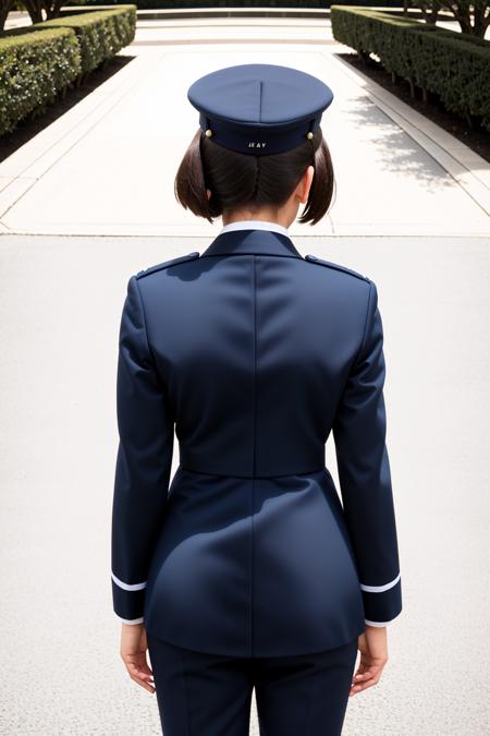 RAW photo, absurdres, high quality, photorealistic, sharp focus, airforce_uniform, 
a woman wearing an air force uniform, looking at viewer, standing, from behind, service cap, 
park, bench, outdoors, sunlight, 
photo realism, ultra-detailed, 50mm, f1. 4, 8k uhd, film grain, 
 <lora:airforce_V2:1>