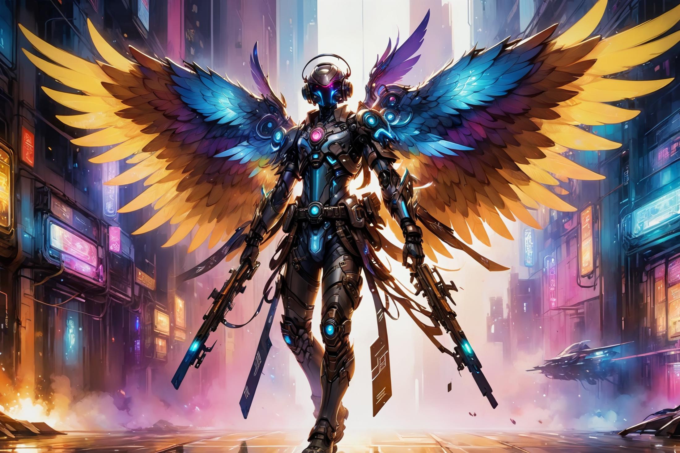 Futuristic Robot with Wings and Guns in a Cityscape