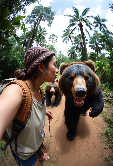 Selfie, fisheye lens, photorealistic girl traveler kissing angry bear and running : in the background, angry bear, jungle