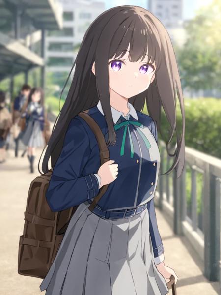 <lora:äºä¹ä¸æ³·å¥:1>,1girl, lycoris_uniform, solo, inoue_takina, long_hair, bag, two-tone_dress, pleated_dress, purple_eyes, dress, blue_dress, grey_dress, outdoors, bangs, black_hair, looking_at_viewer, collared_shirt, shirt, neck_ribbon, closed_mouth, belt, ribbon, long_sleeves, school_uniform, white_shirt, backpack, building, holding_strap, day, green_ribbon, blurry_background, blurry, blue_belt, brown_bag, railing