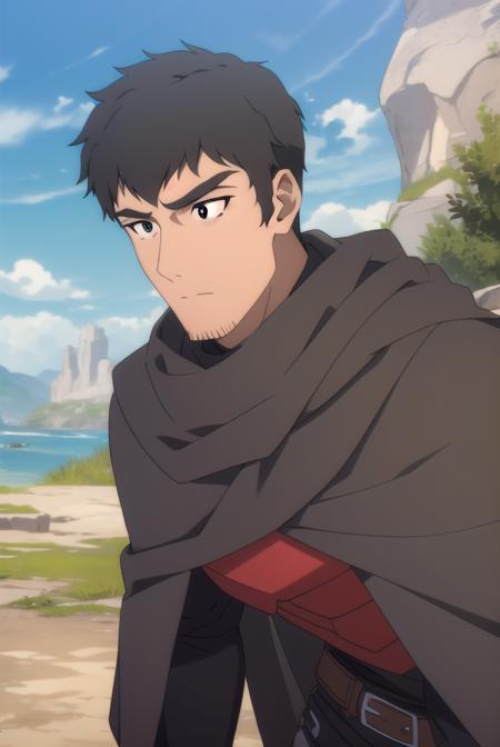 davion, <lora:daviontest:1>, 
davion, short hair, black hair, 1boy, facial hair, thick eyebrows, muscular male, bara, sideburns, mature male, stubble, muscular, (black eyes:1.5),
BREAK belt, cape, armor, bodysuit, black cape,,
BREAK outdoors,
BREAK looking at viewer, 
BREAK <lora:GoodHands-vanilla:1>, (masterpiece:1.2), best quality, high resolution, unity 8k wallpaper, (illustration:0.8), (beautiful detailed eyes:1.6), extremely detailed face, perfect lighting, extremely detailed CG, (perfect hands, perfect anatomy),