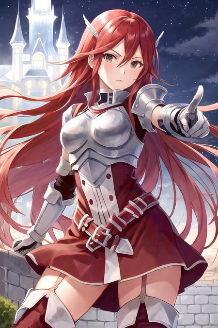 <lora:cordelia2-10:0.8>, cordelia fe, 1girl, solo, looking at viewer, castle setting, serious, armor, breastplate, thigh boots, hair ornament, garter straps, dress, skirt, from below, pointing down, pointing at viewer, facing viewer, night, cowboy shot