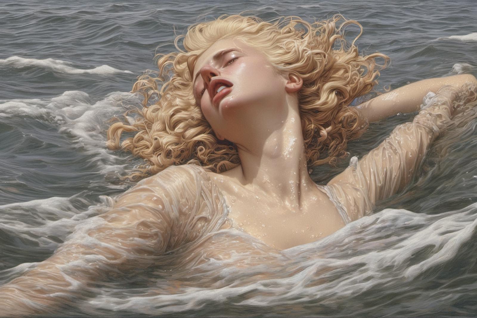 A painting of a woman in a white dress with blonde hair, laying in the water with a peaceful expression.