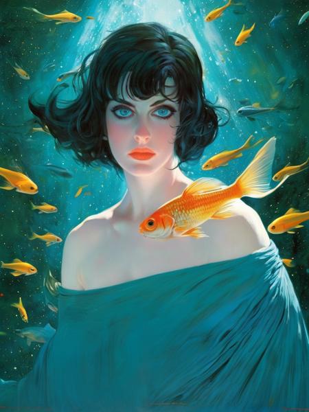 noriyoshiohrai style, facial focus, cute young girl with black hair and pale skin, head shot, close up, upper body, breasts, stunning teal dress, freckles, sci fi, space, paradise, tropical gold fish, freckles, innocent eyes, masterpiece, stunning composition, sharp focus