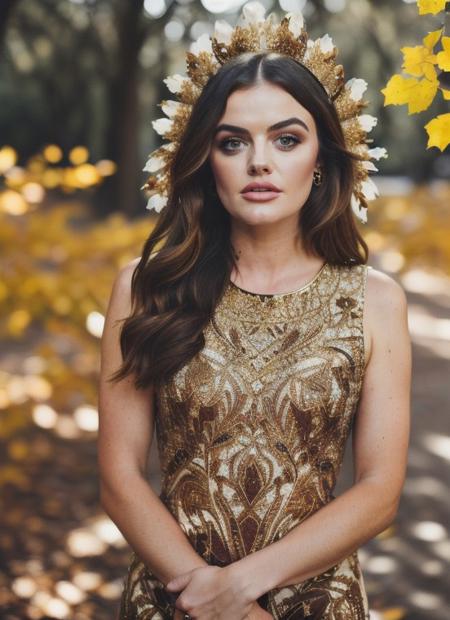 Masterpiece, beautiful lucy_hale, drill hair, wearing gold laced dress, autumn, leaves, trees, best quality, samdoesarts, portrait, intricate detail, relaxing, brown eyes, headdress, detailed eyes, big pupils, brown eyes
 <lora:lucy_hale-000007:0.9>