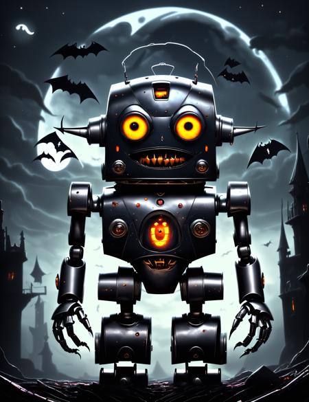 h4l0w3n5l0w5tyl3DonMD4rk detailed Robot, Nightmarish, Bat-shaped Cookies, Ominous Moonlight, Wicked Laugh,  <lora:h4l0w3n5l0w5tyl3DonMD4rk_v1.1-000008:0.85>