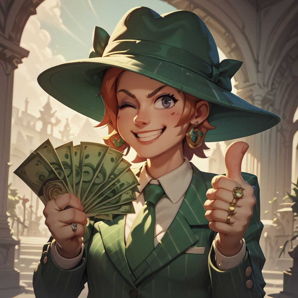score_9, score_8_up, score_8. score_9, score_8_up, score_7_up, masterpiece, 4k, high quality, (best quality:1.1),anime, semi realistic, thumbs up, one eye closed, grin, smile, money, holding money, portrait, need_buzz, holding sign,  gangstersb, ring, formal, hat, green headwear, necktie, suit, striped, looking at viewer