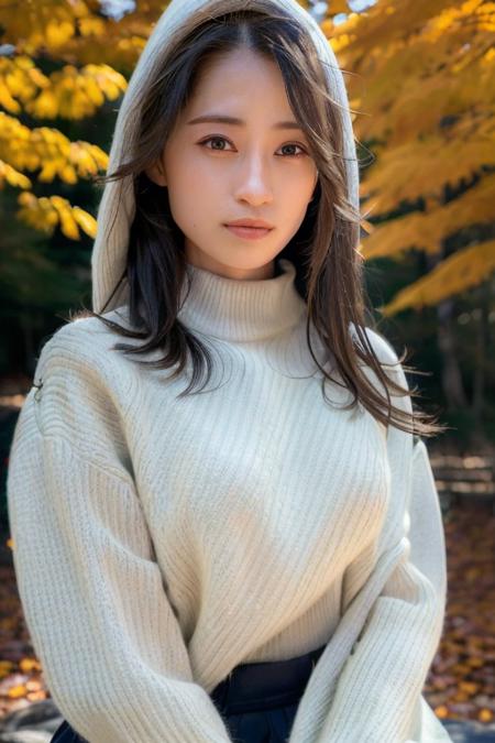 1girl,(wearing a cardigan and long skirt:1.2),(wearing a turtleneck sweater:1.4)(wearing a wooly beret),(RAW photo, best quality), (realistic, photo-realistic:1.4), masterpiece, an extremely delicate and beautiful, extremely detailed, 2k wallpaper, Amazing, finely detail, extremely detailed CG unity 8k wallpaper, ultra-detailed, highres, soft light, beautiful detailed girl, extremely detailed eyes and face, beautiful detailed nose, beautiful detailed eyes,cinematic lighting,(in a beautiful forest of pine trees at a Japanese countryside),(autumn scenery:1.3),(maple trees in autumn),(by a small rocky river),(morning light),perfect anatomy,slender body,<lora:sumidaayano_lora:1>