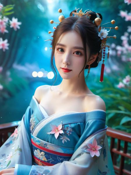 yanyuelou,1girl, colorful hanfu, bare_shoulders, wide_sleeves, cleavage, light_particles, Blue eyes,pink_butterfly, flowers, blue flowers,Upper body, star_\(sky\),<lora:yanyuelouSDXL-000008:0.8>