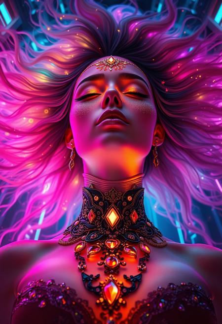 A surreal and ethereal cyber-fantasy portrait of a regal woman in a trance-like state, viewed from below. She has luminous, glowing skin in rich tones of rainbow, with intricate golden filigree and gem-like elements adorning her face and forehead. Her flowing hair radiates outward like a celestial nebula, embedded with sparkling lights and magical particles. Her eyes are glowing and closed, exuding mysticism. Her neck and chest are adorned with an elaborate ornamental bio-mechanical collar made of elegant dark metal and pulsating crimson gems, resembling a living piece of art. The background features a high-tech, crystalline containment chamber bathed in neon pink, violet, and electric blue light, with faint energy streams and floating sparkles, evoking a sci-fi-meets-fantasy atmosphere.
<lora:DarkGhibliMJ7:0.7>,
<lora:Dever_Flux_Enhancer:0.5>, 
<lora:Artify´s Fantasy and Sci-Fi Art Flux:0.5> ,
<lora:ck-Neon-Retrowave:0.3>,
