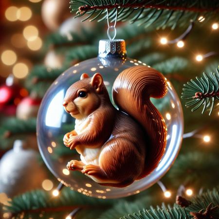 very realistic close-up photograph of a  Christmas sphere with a squirrel in it hanging in a Christmas tree branch