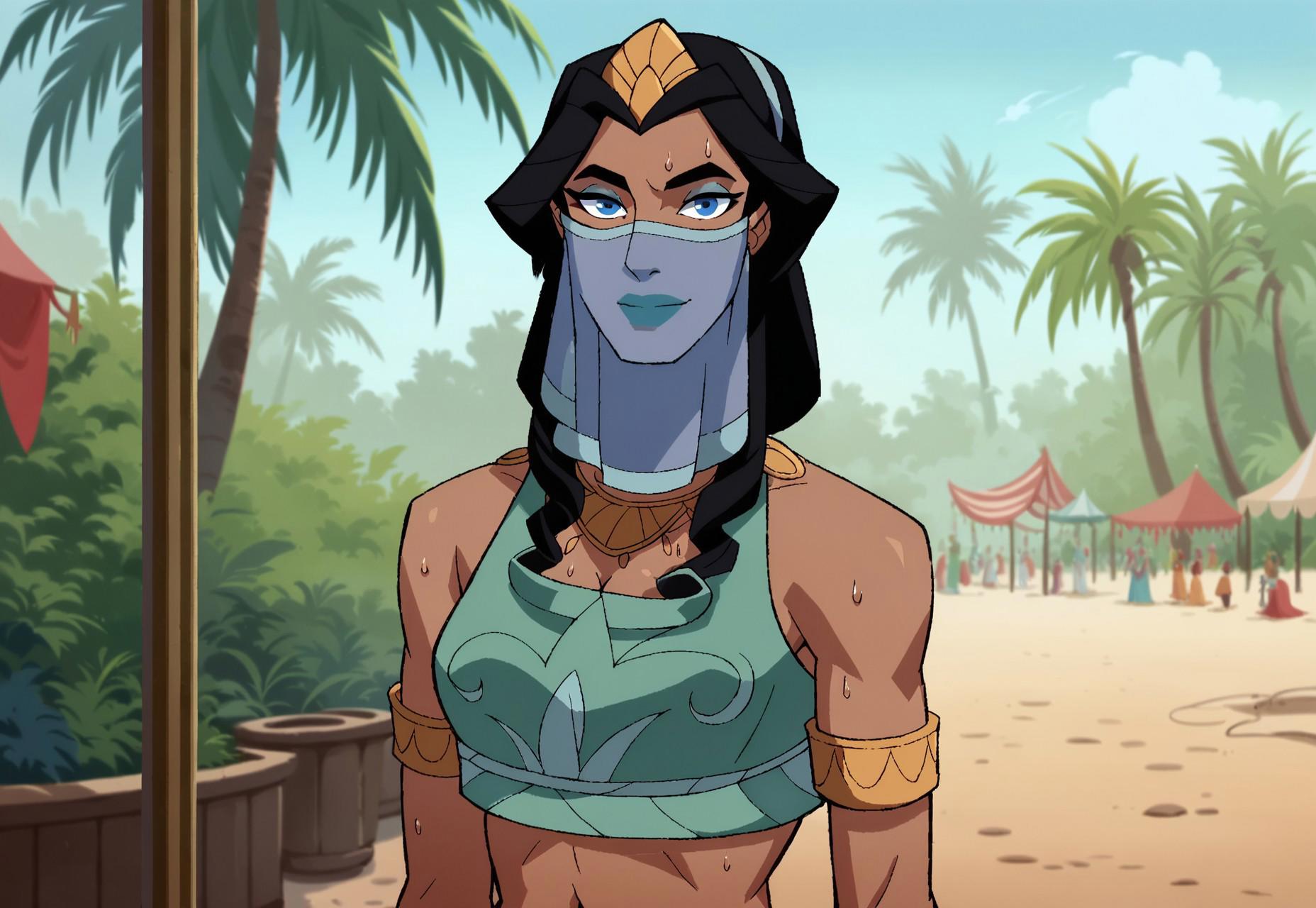 safe_pos, safe_pos, score_9_up, score_8_up, score_7_up, Antiope, solo, 1woman, long hair, black hair, blue eyes, makeup, lipstick, gerudo set, mouth veil, bracers, navel, looking at viewer, best quality, defined, outdoors, tropical island, market, palm trees, stalls, street, street market, best quality, sweat, happy, nipples, visible mouth, cleavage