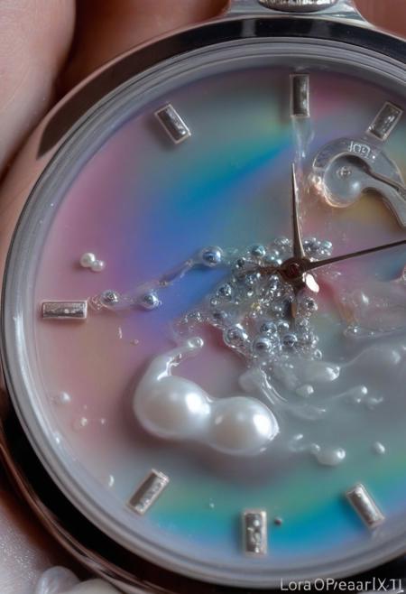 lazypos,aesthetic,extremely aesthetic,masterpiece,flowing,pool of liquid,overflowing,made of l1qu1dp34rl,metal,pearl,liquid pearl,pearlescent,pastel colors,rainbow,watch,no human,pocket watch,watch face,clock face,close up,macro photography,macro photo,liquid,filled,filled with liquid,liquid pouring from watch,oozing,<lora:liquidpearlXL_r1:1>,