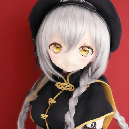 <lora:dolls:1.0>, (kukolnydom:1.0), doll, 1girl, alternate costume, black gloves, braid, breasts, capelet, celtic knot, flat gaze, gloves, graf zeppelin \(kantai collection\) \(cosplay\), hat, impossible clothes, large breasts, light smile, looking at viewer, peaked cap, silver hair, single braid, smile, solo, upper body, yellow eyes