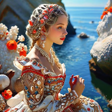 Woman in a dress composed entirely of shells sitting in a shell, James Christensen-inspired portrait, cg society trends, nautical rococo, real pearls, snow-white skin with a noticeable blush, elegant fantasy-style braids, authentic nautical costume, Lutz, coral headdress, shell flowers, Alice in Wonderland style, queen of the sea on the background of Carlsbad cliffs, captivating and alluring, anime princess