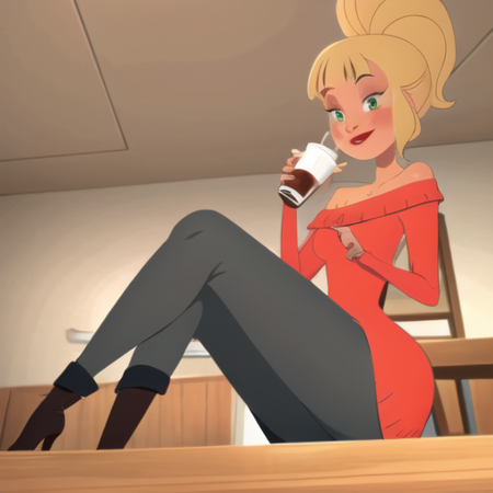 Ms. Tinker, 1girl, solo, breasts, bangs, blush stickers, blonde hair, dress, brown eyes, sitting, ponytail, pantyhose, boots, blunt bangs, off shoulder, sweater, makeup, red dress, lipstick, red lips, sweater dress, off-shoulder sweater, cartoon, parody, green eyes, drinking
BREAK
cafe, 8K, RAW, sharp focus, (dynamic perspective), highres, close-up, (timeless beauty:1.4), looking at viewer, table, coffee, window, morning, town, A Beauty Shot