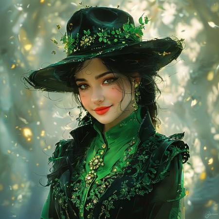 score_9, score_8_up, score_7_up, style of Anato Finnstark, solo, 1girl, smiling, black hair, hour glass figure, makeup, wearing a layered green blouse, dress, jacket, hat, elegant, fantasy, vibrant colors, intricate details, fantasy, masterpiece, detailed