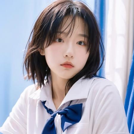 parameters: "blue sky,1girl,solo,school uniform,chengguo,best quality,small breasts,skinny,sad, look to the audience, warm light, extreme light, realistic, 8K,