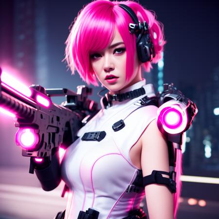 (CyberAngelSoldier style:1) woman with pink hair holding a machine gun <lora:djzCyberAngelSoldierV21:0.8>