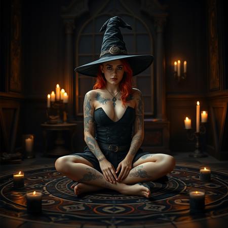 full body picture of a witch, wearing a short, low cut, black tunic, her body displaying arcane and mystical tattoos , red hair, witches hat, sitting crossed legged, in the middle of a magic circle in a dark gothic room, candles, long shot, deep focus. ultra hd, realistic, vivid colors, highly detailed, perfect composition,