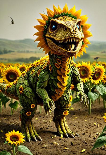 aidmamj6.1, Made of Sunflowers, A formidable T-Rex dinosaur, its massive body composed entirely of bright yellow sunflowers, with delicate leaves and petals forming its textured scales. Its fierce eyes are crafted from dark sunflower centers, glowing with an inner light that hints at its ancient power. The T-Rex is captured mid-roar, with sunflower petals flying off its body, creating a dynamic sense of movement and energy. The background is a prehistoric landscape, but instead of ferns and ancient trees, vast fields of sunflowers stretch to the horizon, blending the ferocity of the dinosaur with the serene beauty of a sunflower meadow.