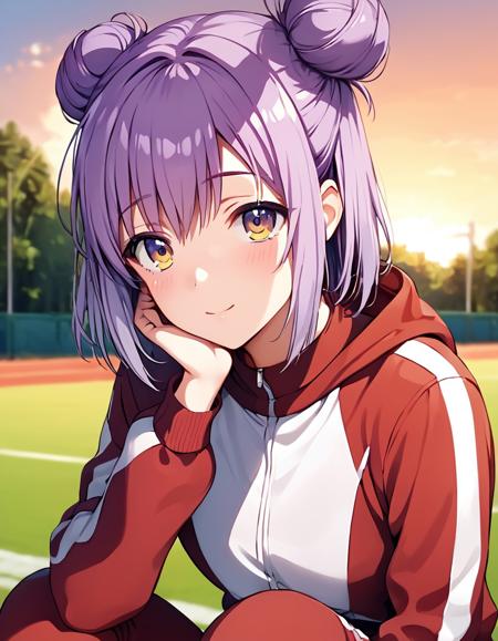 1girl, solo, solo focus, tachibana akane, purple hair, hair bun, double bun, purple eyes, yellow eyes, gradient eyes school uniform, white shirt, collared shirt, red blazer, blue bowtie, long sleeves, white skirt, pleated skirt