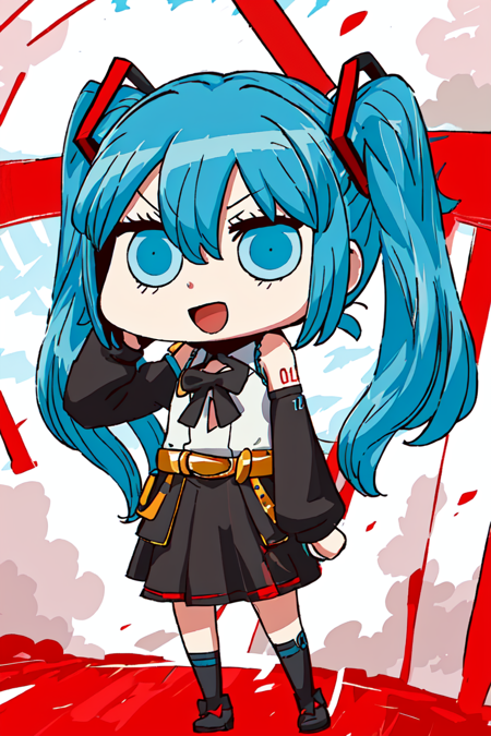 ((masterpiece, best quality)), 1girl, solo, fgoap, chibi, hatsune miku, open mouth, :d