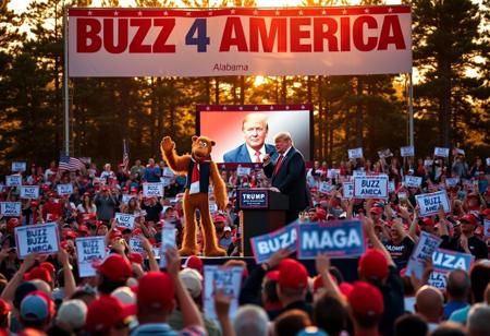 At a massive political rally in Alabama, Donald Trump stands confidently on a raised stage under bright spotlights, addressing an enthusiastic crowd. Standing beside him is ALF, the furry, brown alien from the ’80s TV show, wearing a red, white, and blue scarf. ALF enthusiastically waves to the crowd with one hand while munching on a snack in the other. Above the stage, a giant sign reads ‘BUZZ 4 AMERICA’ in bold red, white, and blue letters, framed with stars. The packed crowd is a sea of red ‘MAGA’ hats and American flags, with several people holding up signs that also say ‘BUZZ 4 AMERICA.’ ALF’s playful antics draw laughs as he stumbles over a stack of campaign flyers, sending them fluttering into the air. Behind Trump, a giant screen projects his image alongside a shot of ALF waving. The scene is set against a classic Alabama backdrop, with towering pine trees and the golden evening sun casting long shadows. The atmosphere is a mix of excitement and humor, as ALF brings a lighthearted energy to the high-stakes rally