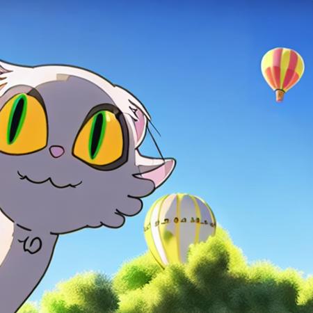 <lora:suzume:1>, 1cat, hot air balloon, blue sky